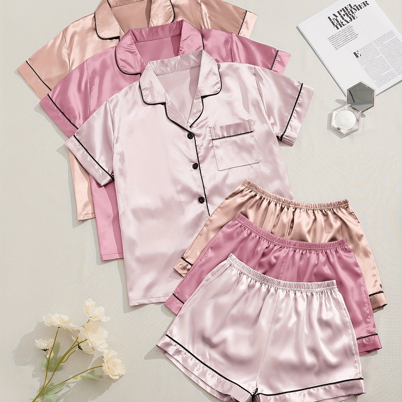 [Three Suits] Multicolor Variety of Short-sleeved Shorts Solid Color Imitation Y Satin PJ Set Women's Two-piece Suit NovaCart
