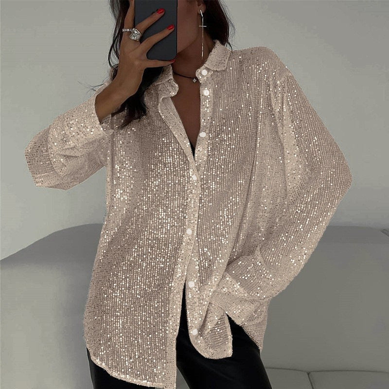 Sequin Lapel Long Sleeve Shirt See size chart under “more details” The Fashion Celestial