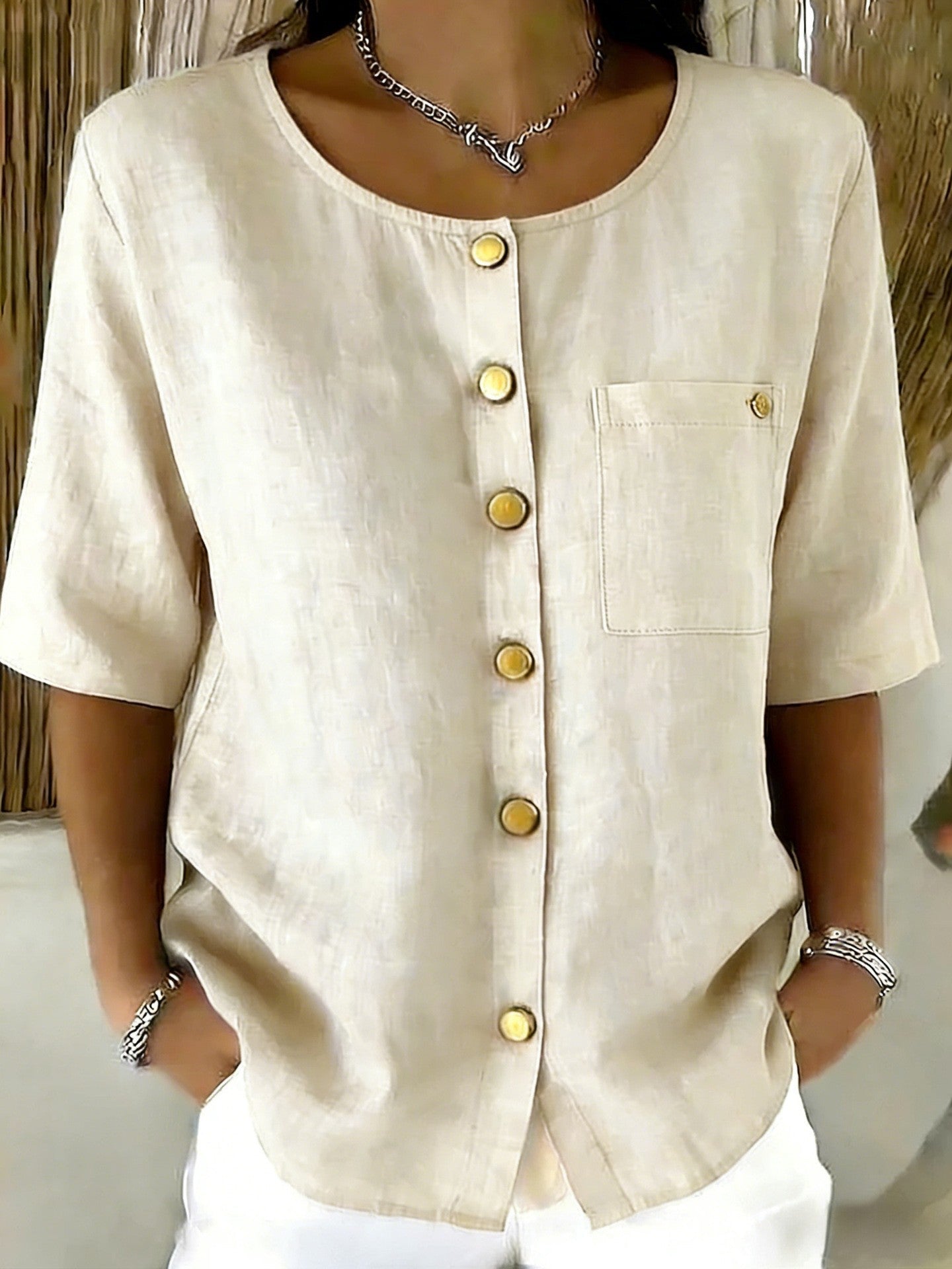 Crew-Neck 3/4 Sleeve Shirt with Metal Buttons – 7 Colors, S–3XL FitiqueFit