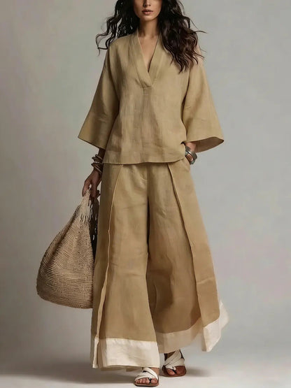 Women's Cotton-Linen V-Neck 3/4 Sleeve Shirt & Wide-Leg Pants Set FitiqueFit