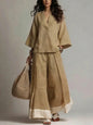 Women's Cotton-Linen V-Neck 3/4 Sleeve Shirt & Wide-Leg Pants Set FitiqueFit