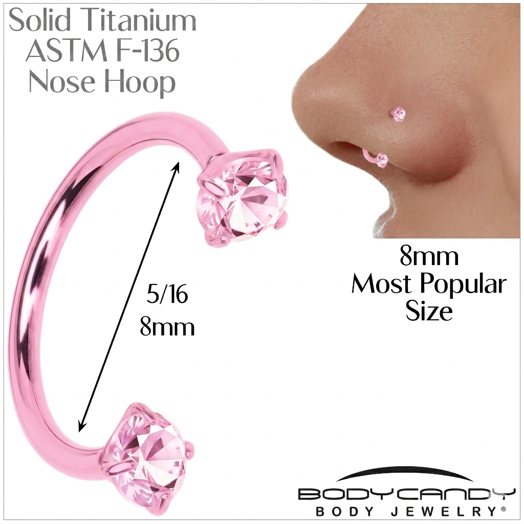 Pink Double Gem Horseshoe Nose Ring - Solid Titanium Anodized BodyCandy