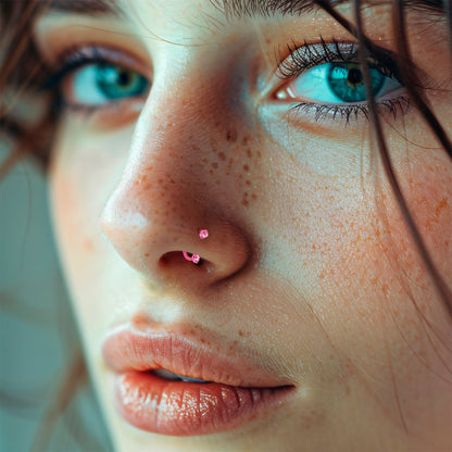 Pink Double Gem Horseshoe Nose Ring - Solid Titanium Anodized BodyCandy