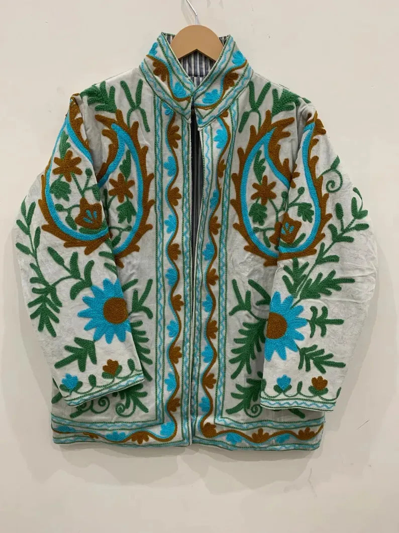 Cotton Velvet Fabric New Suzani Embroidery Jacket For women Casual Short Floral Jacket Boho Style Street Fashion NovaCart