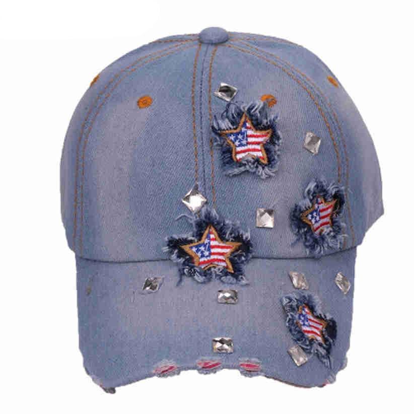 American Flag Distressed Denim Baseball Cap Country in My Heart