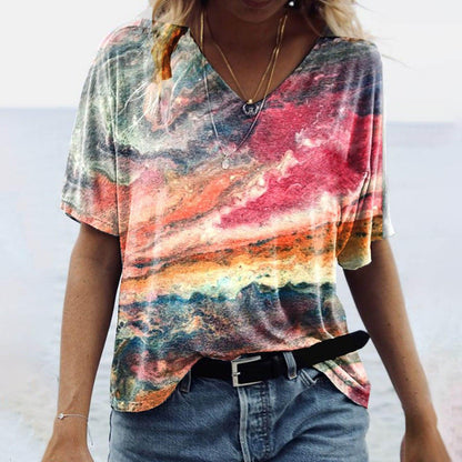 Women's Spring Glitzy V-Neck Short Sleeved Marble Print Top Country in My Heart