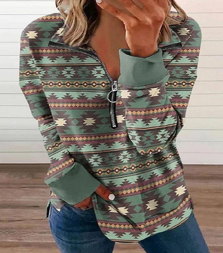 Western Style Zipper Sweater | Cowgirl Chic Pullover with Horse Print Country in My Heart