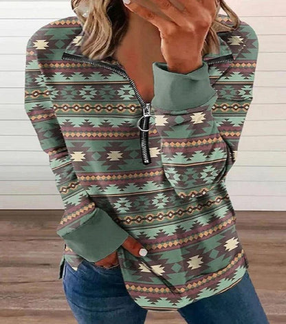 Western Style Zipper Sweater | Cowgirl Chic Pullover with Horse Print Country in My Heart