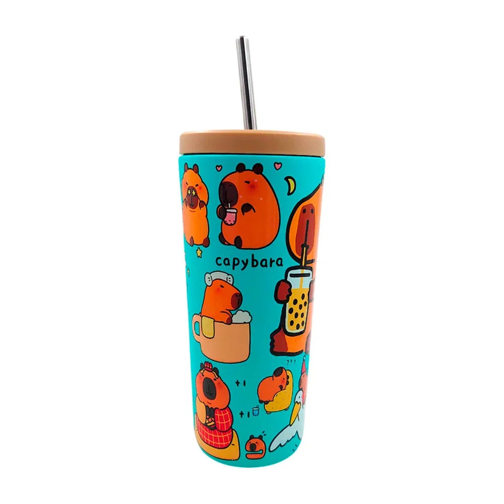 [GDL] Themed thermos in the shape of a glass, with lid, straw and capybara print / cup NovaCart