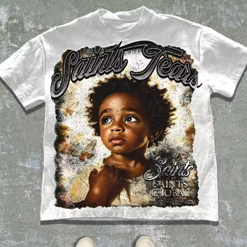 100% Cotton Vintage Style Saints Tears Graphic Tee Retro Artistic Design Casual Loose Fit T Shirt For Men Women Streetwear NovaCart