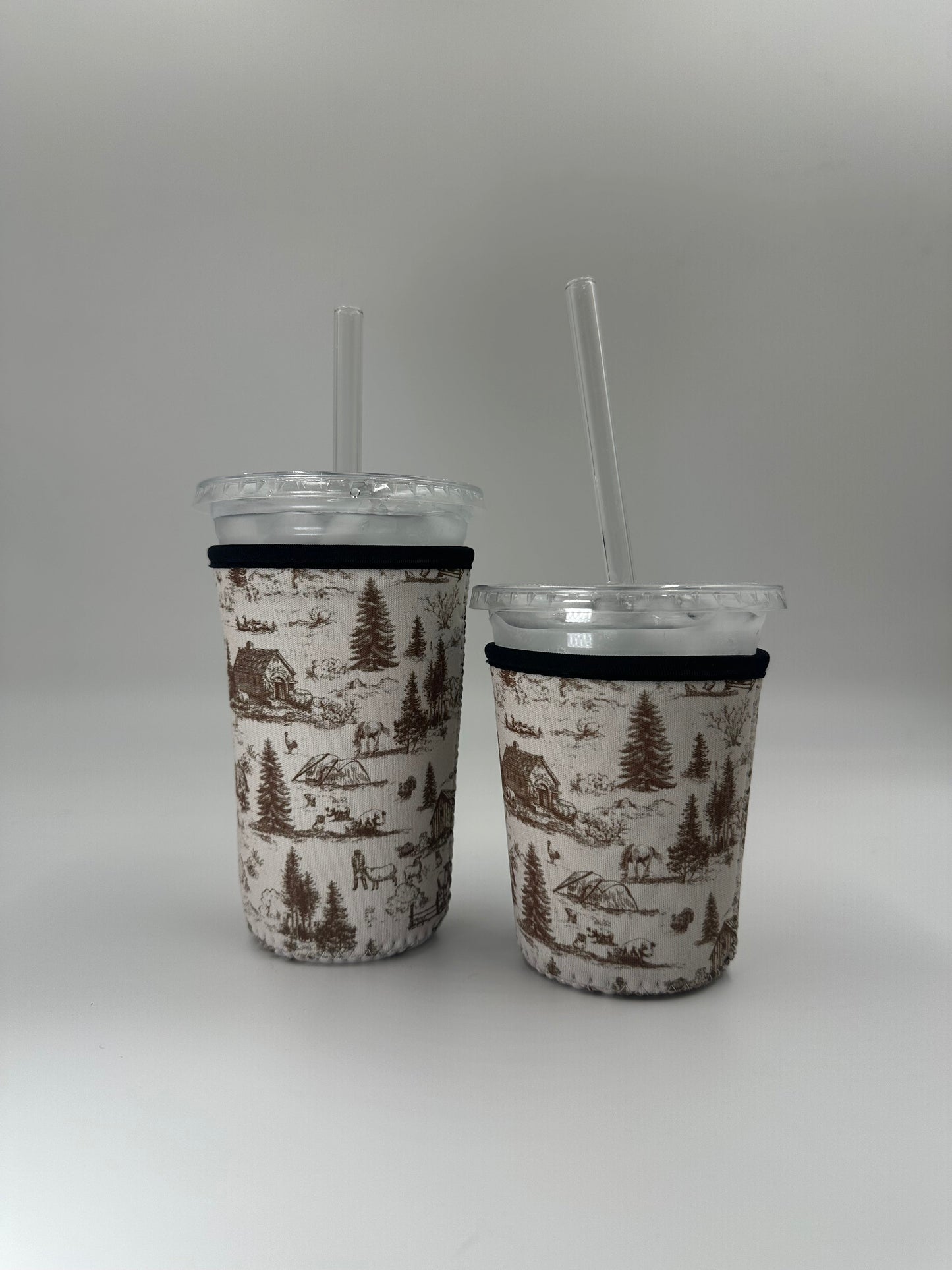 Western Barn Toile Coffee Sleeve | Reusable Neoprene Iced Coffee Cup Cover (16–24oz) BashDesignsCo