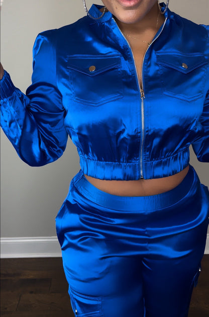 Blue Satin Cargo Jogger Set The Bella Noire Store
