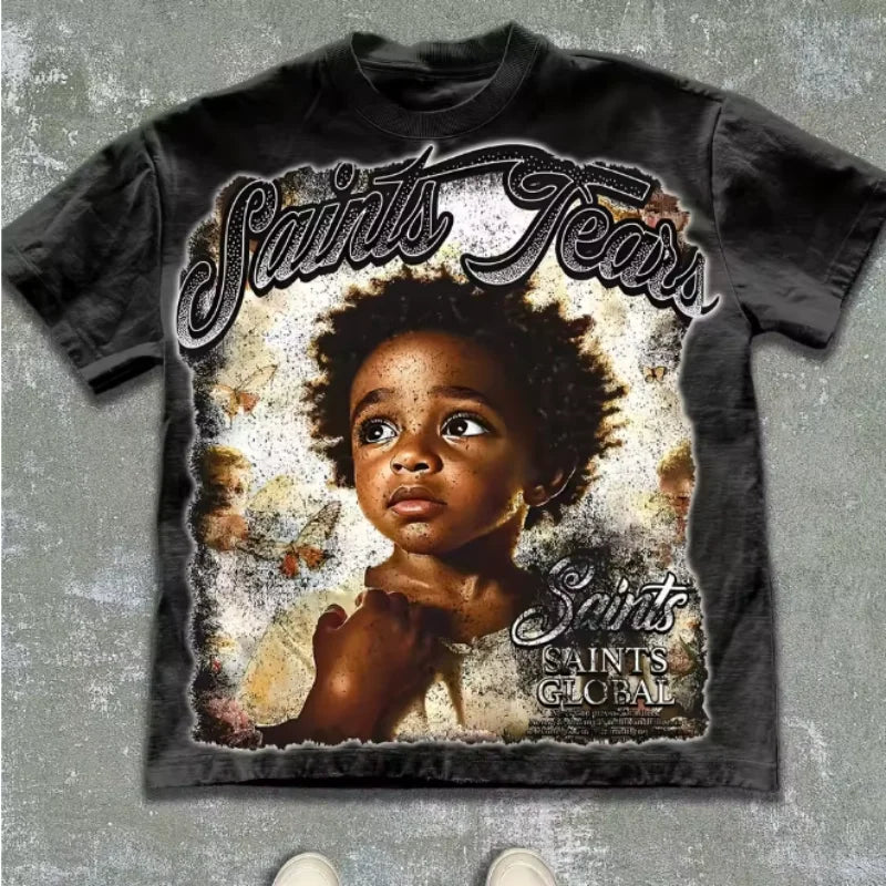 100% Cotton Vintage Style Saints Tears Graphic Tee Retro Artistic Design Casual Loose Fit T Shirt For Men Women Streetwear NovaCart