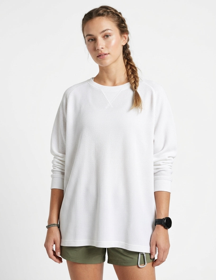 Charcoal Waffle-Knit Thermal Long Sleeve T-Shirt Crew Neck 80% Cotton Blend Tinyloverclothing