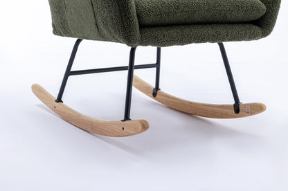 35.5-inch soft Teddy fabric rocking chair with pockets, comfortable wing straps, secure solid wood base (dark green)