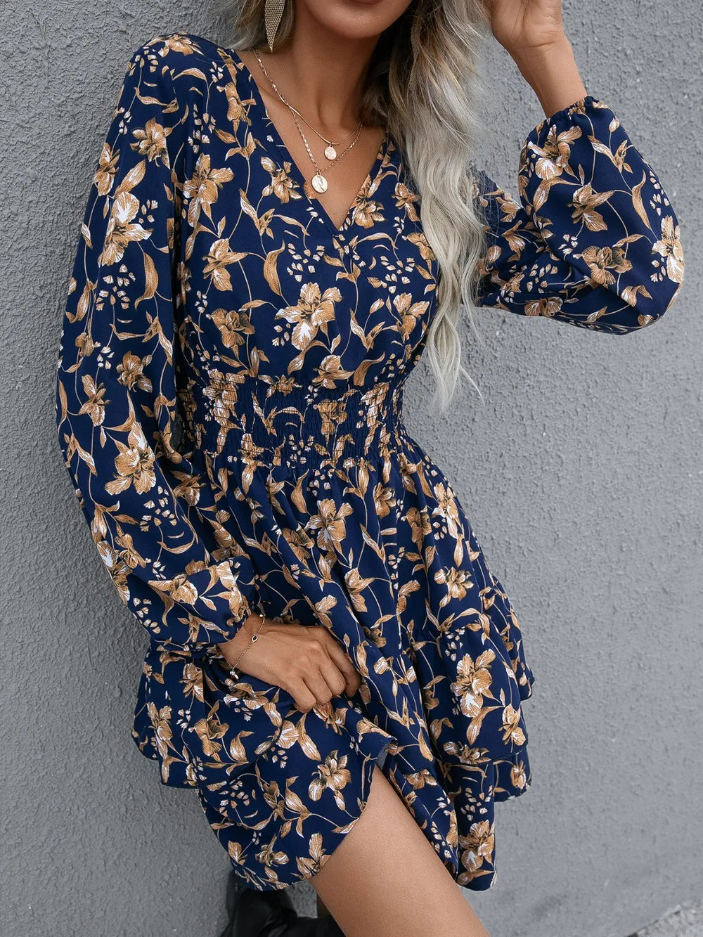 🌸 Floral Layered Surplice Balloon Sleeve Dress FitiqueFit