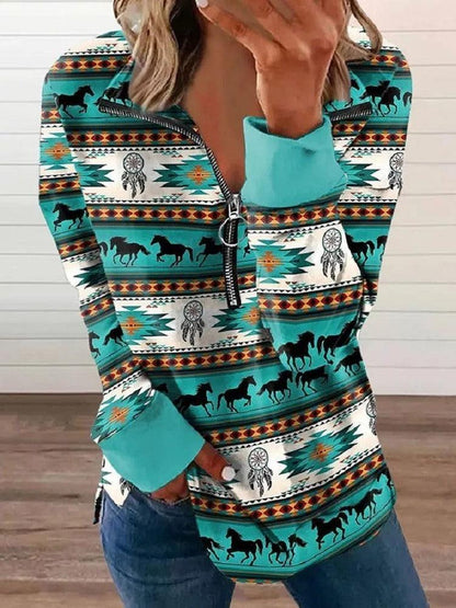 Western Style Zipper Sweater | Cowgirl Chic Pullover with Horse Print Country in My Heart