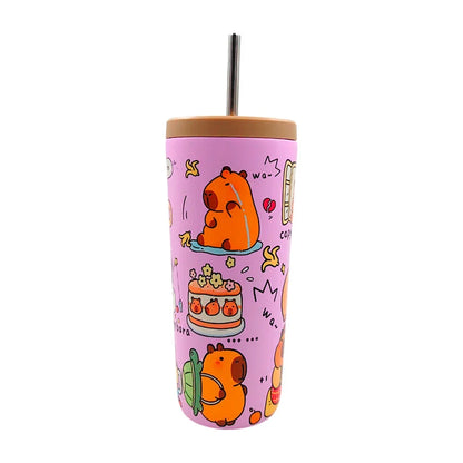 [GDL] Themed thermos in the shape of a glass, with lid, straw and capybara print / cup NovaCart