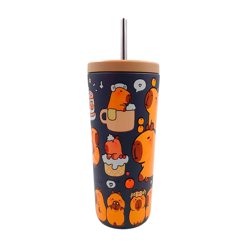 [GDL] Themed thermos in the shape of a glass, with lid, straw and capybara print / cup NovaCart
