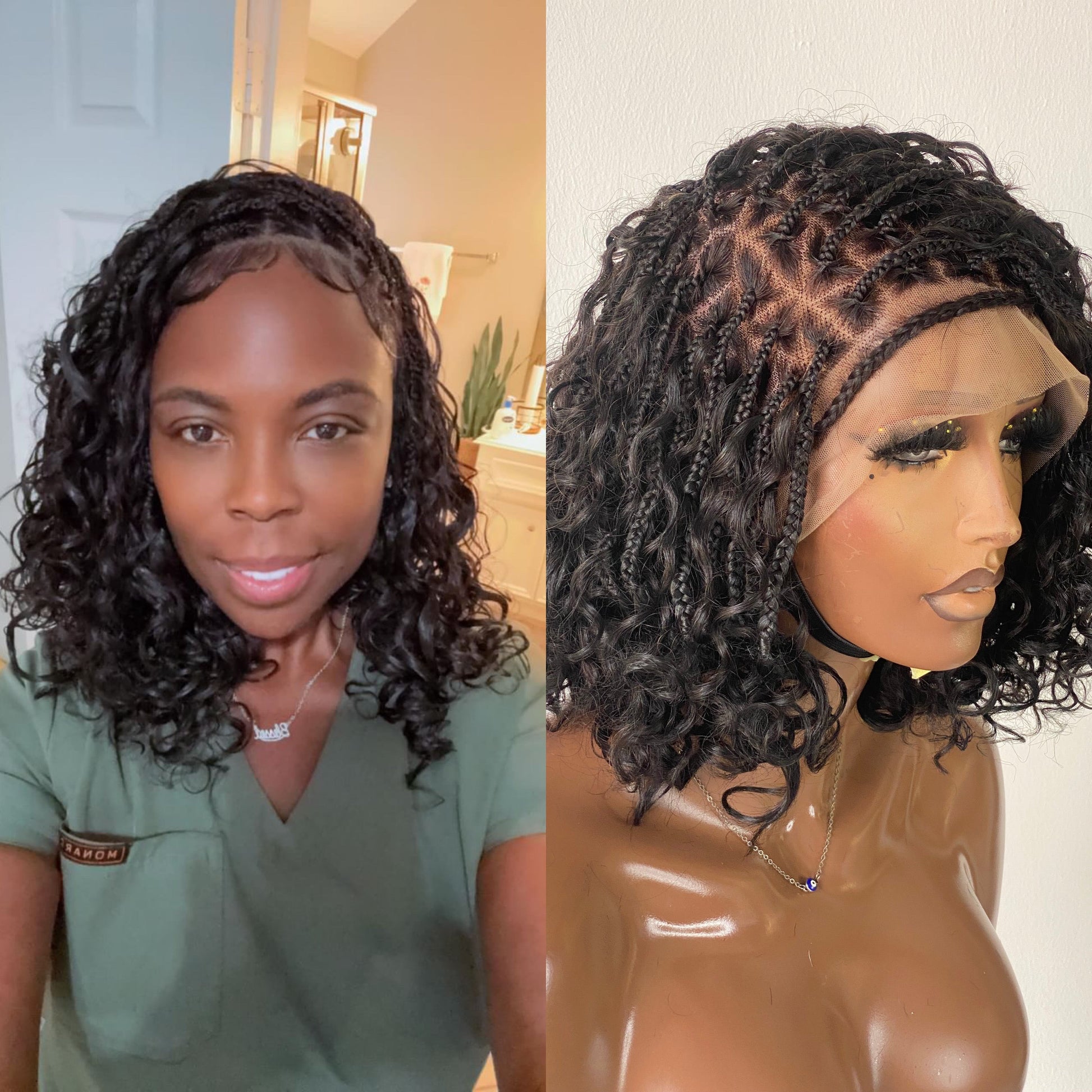 Bob Bohemian Knotless Wig (Human Hair Curls) HD Full Lace, Black Color Tara Poshglad Braided Wigs