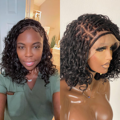 Bob Bohemian Knotless Wig (Human Hair Curls) HD Full Lace, Black Color Tara Poshglad Braided Wigs