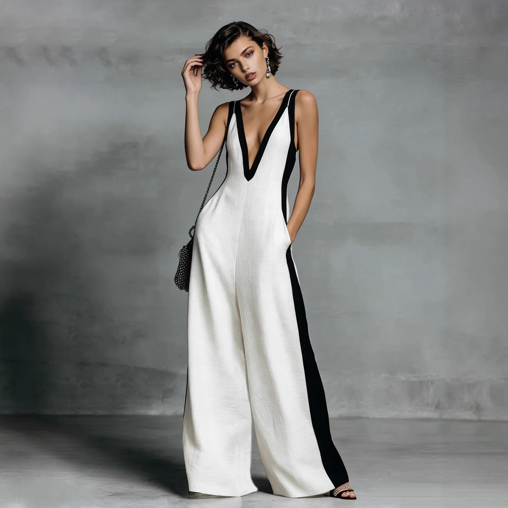 Women's Color-Block Sleeveless V-Neck Wide-Leg Jumpsuit – French Style Long Pants FitiqueFit