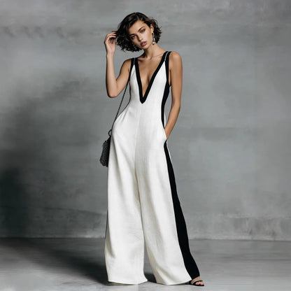 Women's Color-Block Sleeveless V-Neck Wide-Leg Jumpsuit – French Style Long Pants FitiqueFit