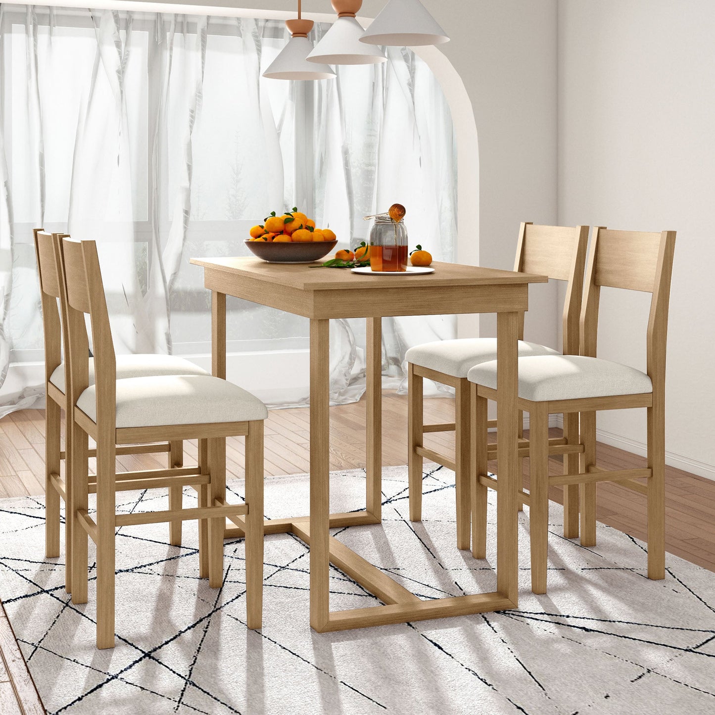 TOPMAX farmhouse countertop height 5-piece dining table set with 1 rectangular dining table and 4 brown dining chairs