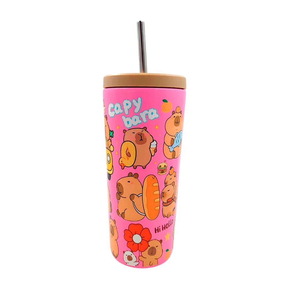 [GDL] Themed thermos in the shape of a glass, with lid, straw and capybara print / cup NovaCart
