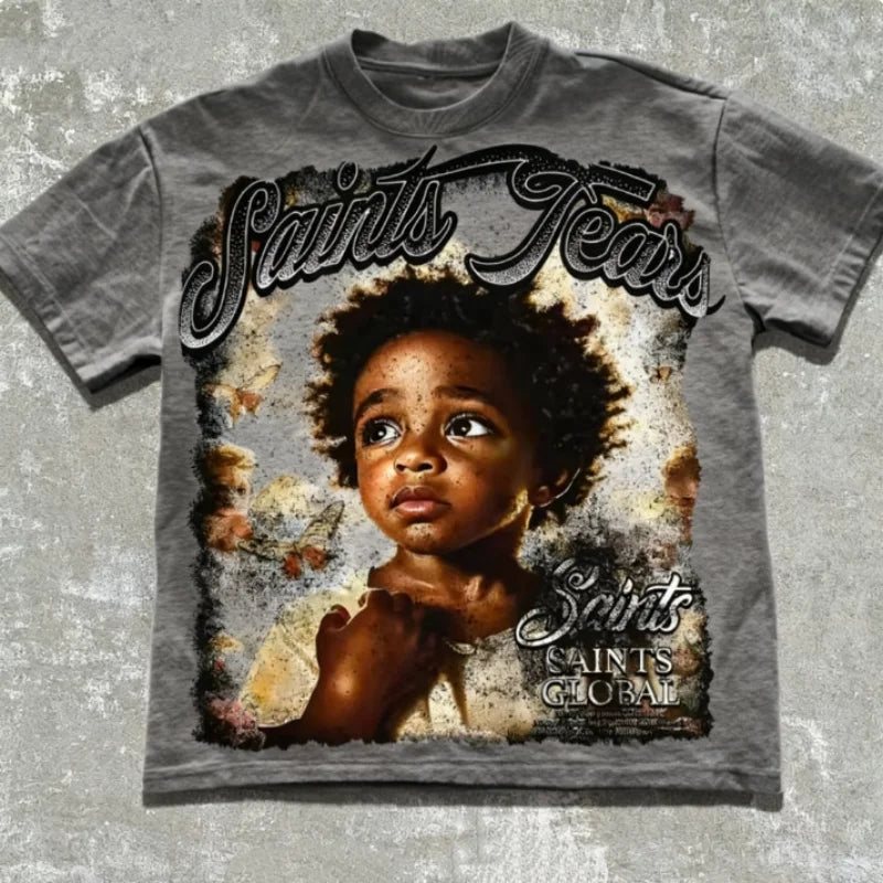 100% Cotton Vintage Style Saints Tears Graphic Tee Retro Artistic Design Casual Loose Fit T Shirt For Men Women Streetwear NovaCart