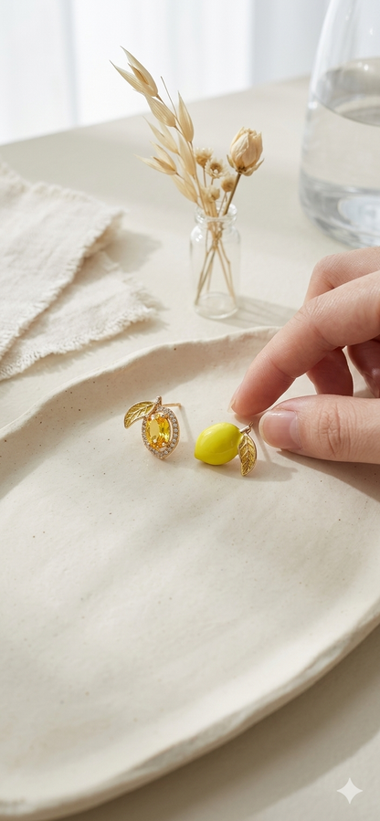Zesty Lemon Asymmetrical Stud Earrings | Gold-Plated Crystal & Enamel Tinyloverclothing