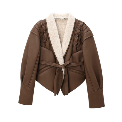 Chic French Waist Suede Jacket - Stylish Chocolate Leather Jacket for Women Country in My Heart