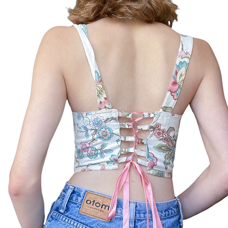 Floral Lace-Up Back Vest Top Country in My Heart