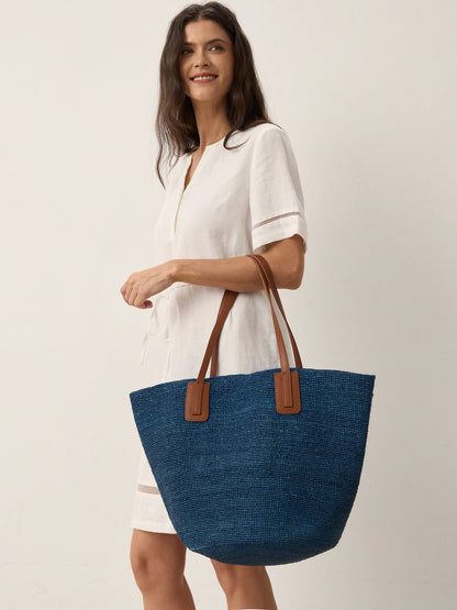 Handwoven Raffia Tote Bag With Leather Handles LINTICO