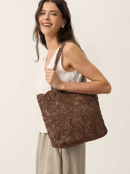 Handwoven Raffia Floral Pattern Tote Bag LINTICO