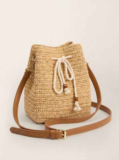 Mini Handwoven Raffia Drawstring Crossbody Bag LINTICO