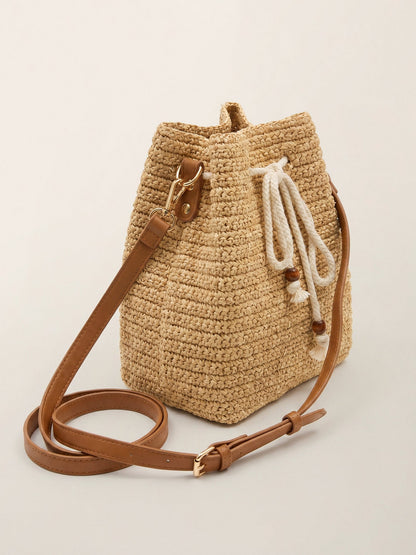 Mini Handwoven Raffia Drawstring Crossbody Bag LINTICO