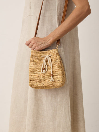 Mini Handwoven Raffia Drawstring Crossbody Bag LINTICO