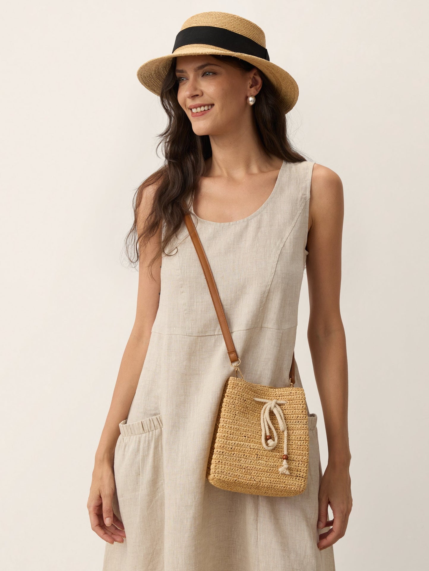 Mini Handwoven Raffia Drawstring Crossbody Bag LINTICO