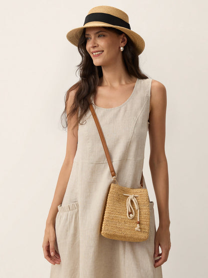 Mini Handwoven Raffia Drawstring Crossbody Bag LINTICO