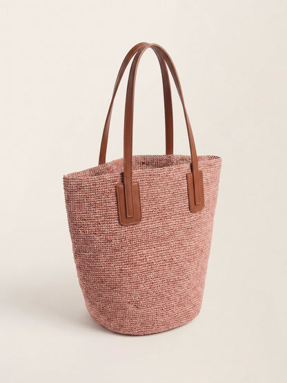 Handwoven Raffia Medium Tote Bag With Leather Handles LINTICO