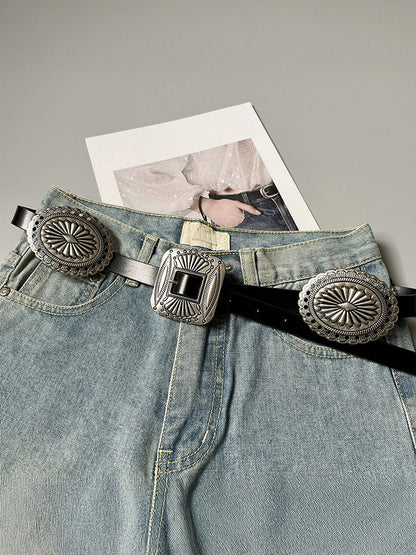 Artisanal Carved Metal Ring Buckle Belt
