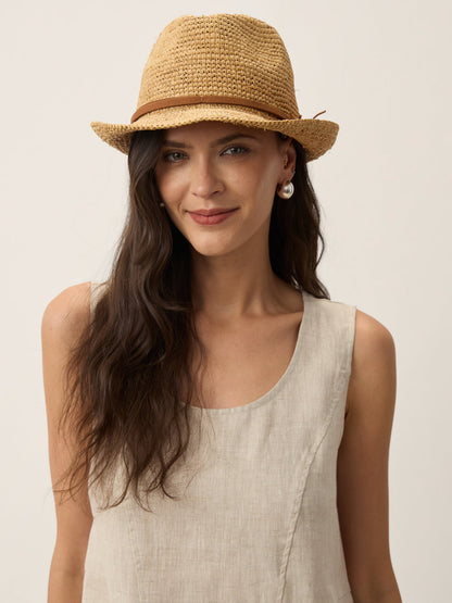 Handwoven Raffia Fedora Sun Hat With Removable Bow LINTICO