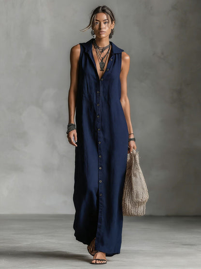 Women's Sleeveless Deep V-Neck Hooded Loose Maxi Dress – 6 Colors XS–3XL FitiqueFit