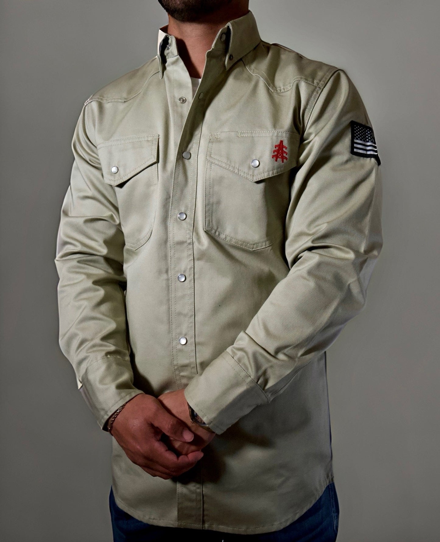 FR Western Style Pearl Snap - Khaki Static FR