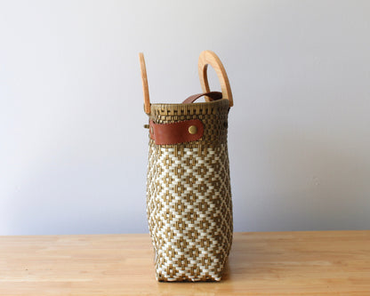 Beige & Gold Handwoven Tote with Wood Handle MexiMexi