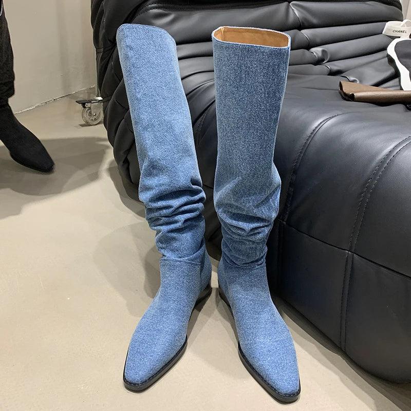 Women’s Denim Knee High Boots - Casual Cowboy Style Country in My Heart