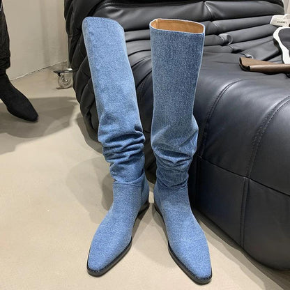 Women’s Denim Knee High Boots - Casual Cowboy Style Country in My Heart