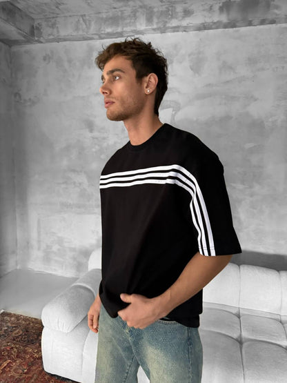 Three Stripes Graphic Cotton Tee – Classic Streetwear T-Shirt Withinblack