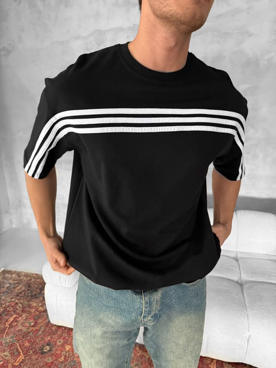 Three Stripes Graphic Cotton Tee – Classic Streetwear T-Shirt Withinblack